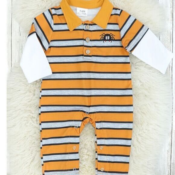 NWT Boys Striped Polo Romper withSpider Appliqué & Layered Long Sleeves - Picture 1 of 9